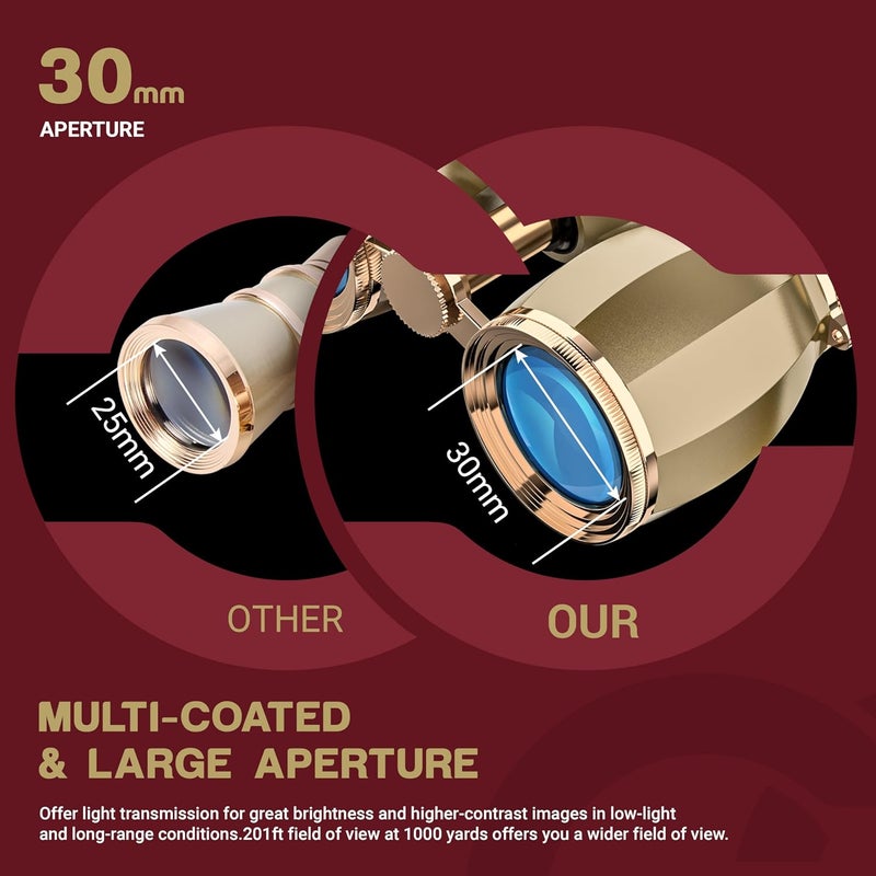ESSLNB Opera Glasses Binoculars for Women Adults 4X30mm Theater Glasses Compact Binoculars for Theater and Concerts Antique with Case Removable Chain (Gold) - Image 3